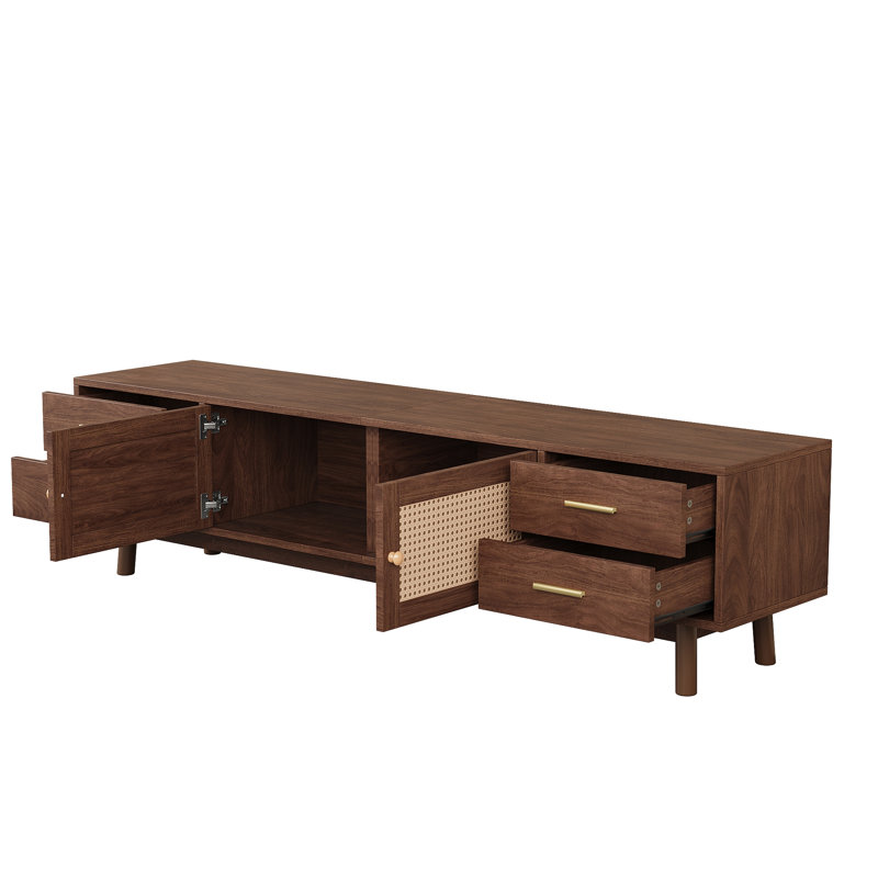 Meuble télé moderne avec portes en rotin pour téléviseur de 80 po ou moins, console multimédia avec espace de rangement, 4 tiroirs et trous pour câbles, centre de divertissement