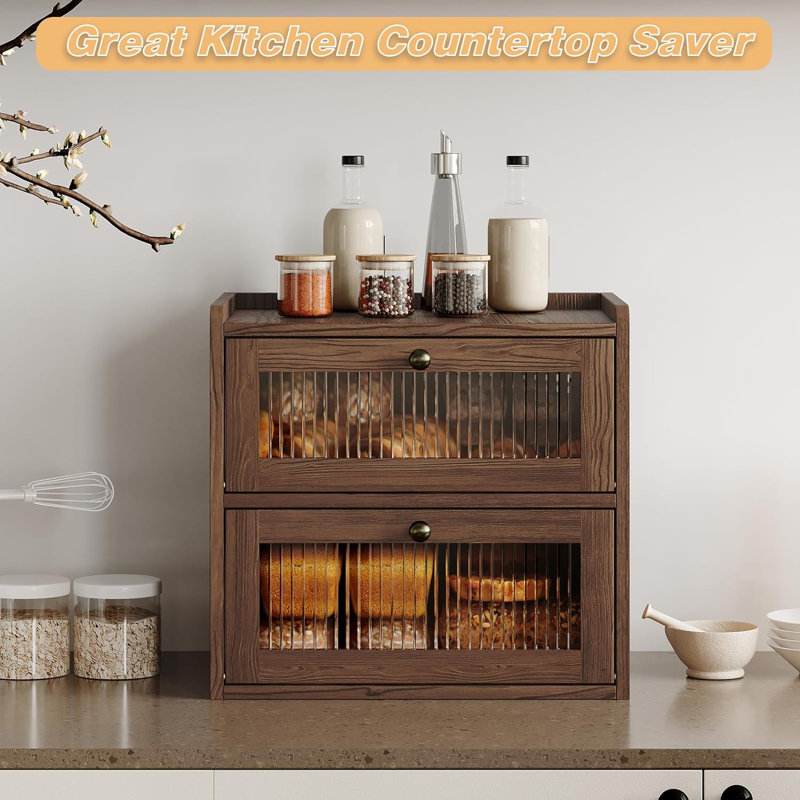 Double Layer Large Bread Box For Kitchen Counter, Wooden Corner Bread Storage Container With Acrylic Window, Retro Brown