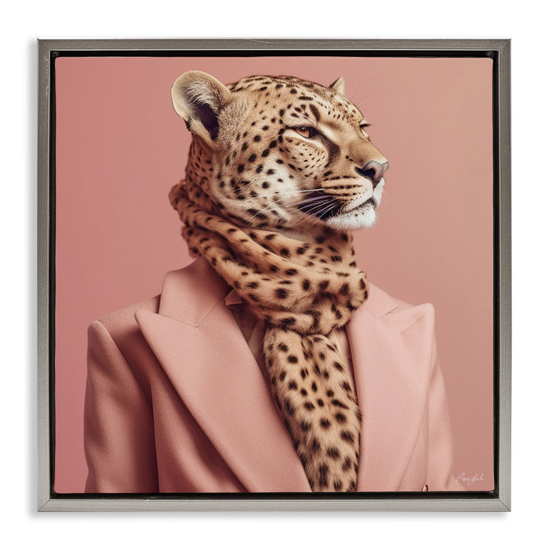 Portrait de guépard à la mode, Cadre flottant gris lustré, H 18 po x l 18 po