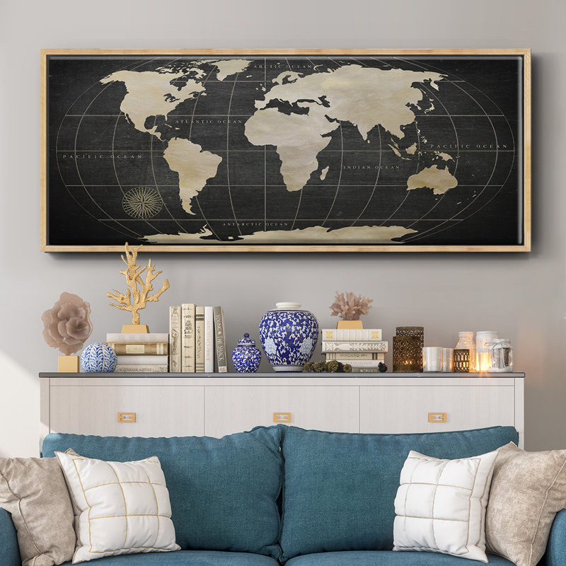 Carte du monde rétro - reproduction de cadre flottant sur toile, Naturel, H 20 po x l 50 po x P 1,5 po
