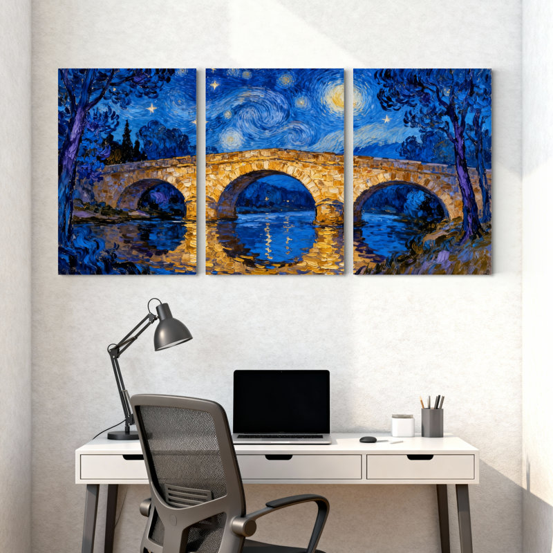 «Abstract Starry Night Bridge Reflection Landscape», ensemble de 3 impressions sur toile, H 18 po x l 36 po