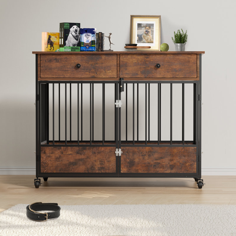Meuble de 42 pouces avec tiroirs et portes avant et latérales, chenil d'intérieur robuste avec roulettes pour petits et moyens chiens
