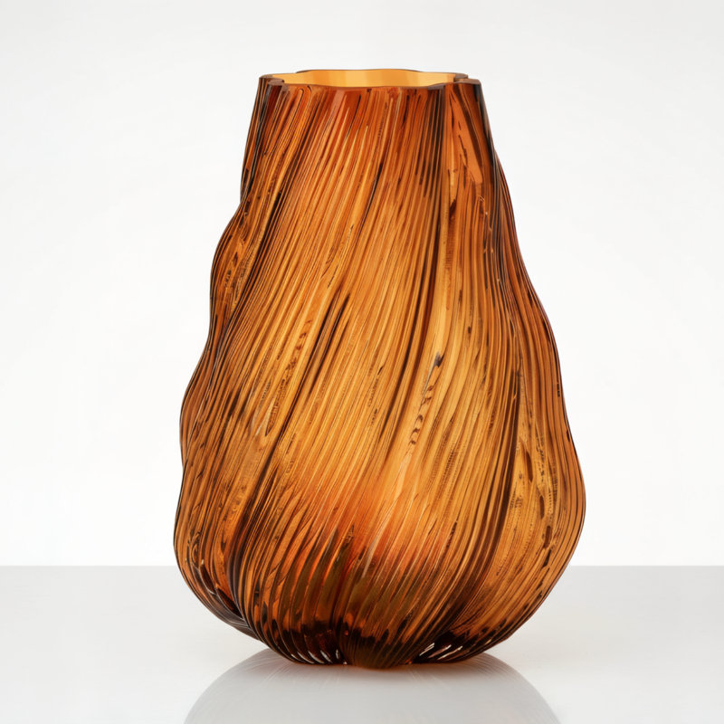 Solara Swirl 9" Ribbed Clear Amber Glass Vase, Amber Orange