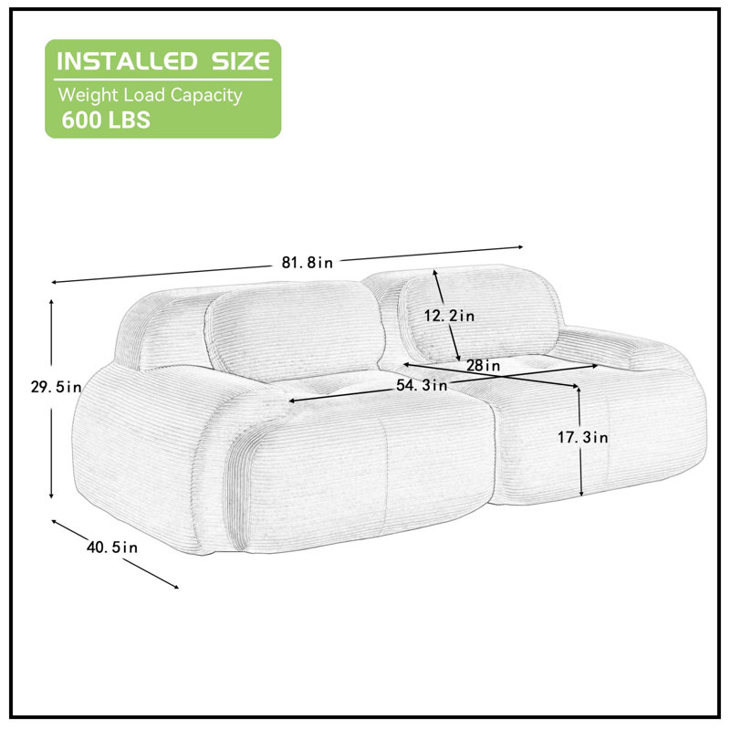 82" Upholstered Boneless Corduroy Modular Sofa, Gray