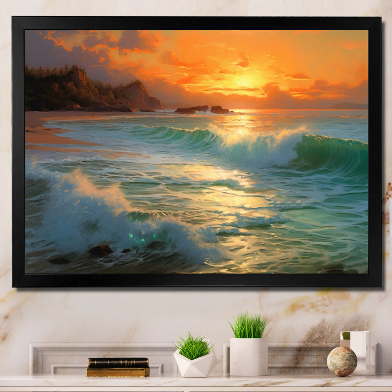 " Sand And Blue Caribbean Sea VII ", H 24 po x l 32 po x P 1 po, Cadre simple noir