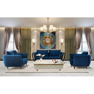 4 Piece Velvet Living Room Set -  Infinity Furniture Import, LUX-905 4-Piece Blue Sofa Set