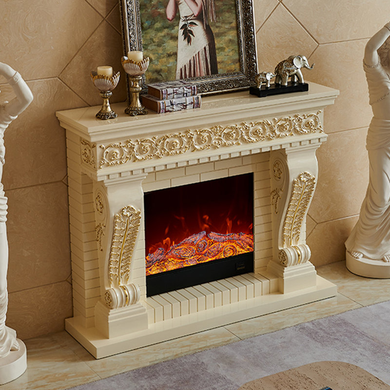 Solid Wood Electric Fireplace, Beige