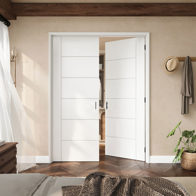 Porte française 56 po x 56 po à 6 panneaux moulés horizontaux avec charnières noires, cadre de porte uni avec cadre, porte intérieure française comme porte de garde-manger, porte de chambre à coucher, porte de buanderie, portes de garde-robe, portes de chambre, loquet et poignée de porte inclus