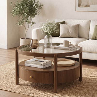 Table basse à plateau rond en bois massif avec tiroir de rangement, table de bout en noyer moderne Mid-Century à 2 niveaux pour le salon