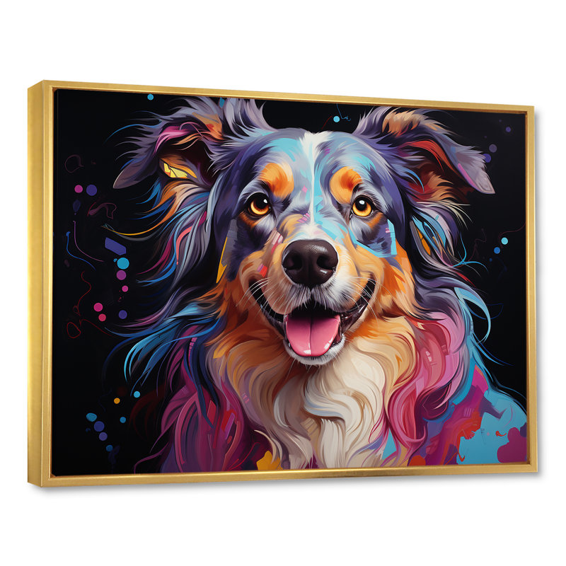 Chien, berger australien, Allure I sur toile, Cadre flottant doré, H 44 po x l 34 po
