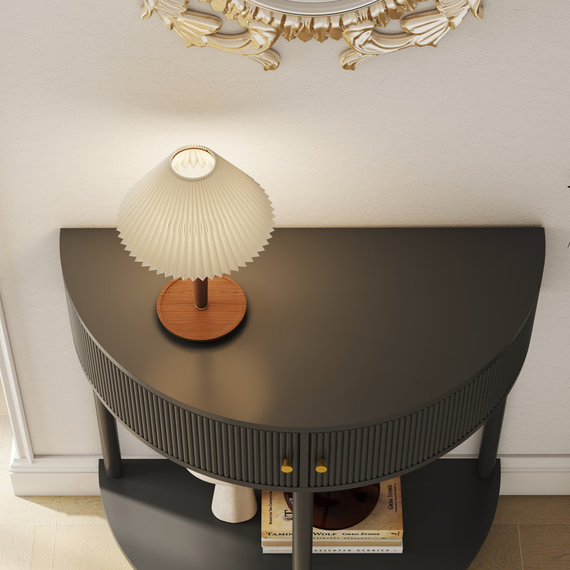 Artisan-Crafted Wave-Pattern Demi-Lune Console Table With Dark Gray Finish,Unique Half Moon Design End Table With 2 Storage Drawers And Bottom Shelf For Living Room, Bedroom, Study, Hallway