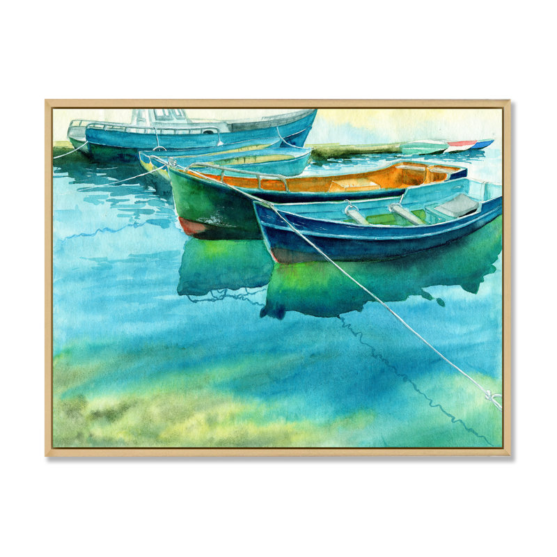 Bateaux de pêche à l'embarcadère - Peinture sur toile, H 30 po x l 40 po, Toile avec cadre en érable