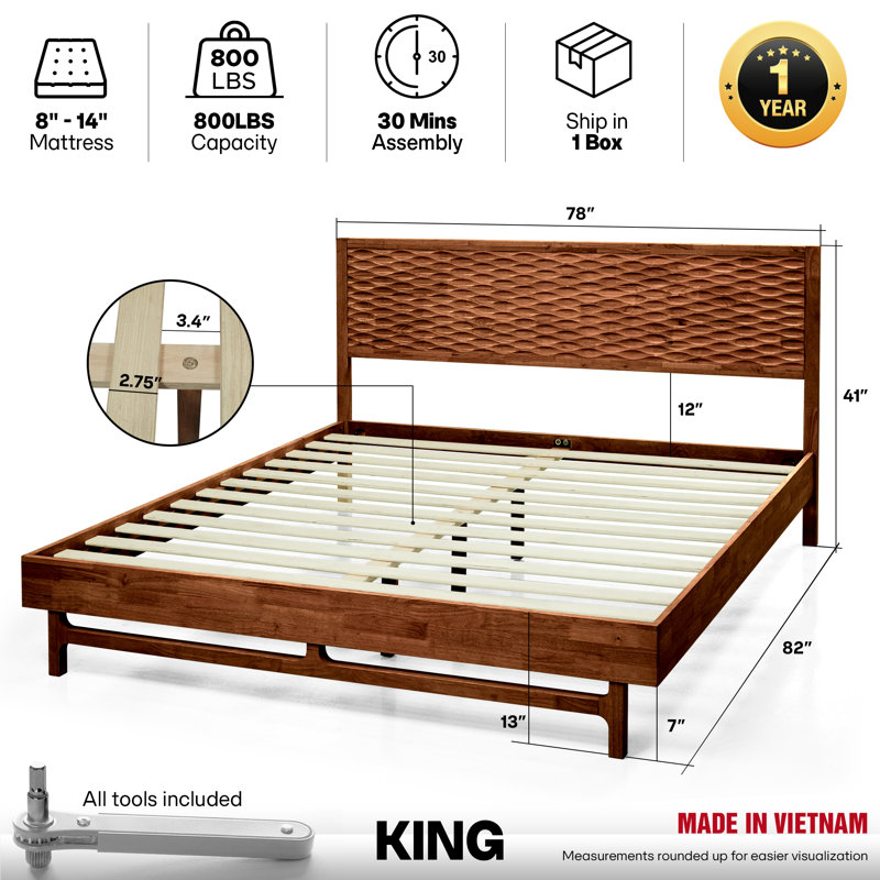 King Premium Solid Wood Platform Bed Frame Walnut Finish with Sculpted Spearhead Headboard – Mid-Century Modern Style, 800lbs Capacity, All Mattress Support, No Box Spring Needed