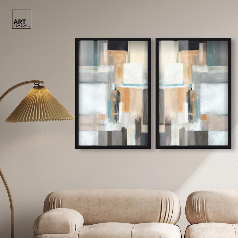Ensemble de tableaux-cadres « Shadowbox » avec tranches découpées, collection d'art mural moderne par Art Remedy, cadre blond, 36 x 54