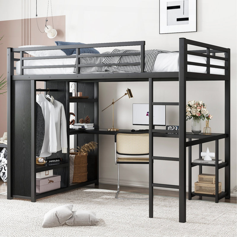 Full Size Loft Bed Frame With Built-In Wardrobe, Metal Loft Bed With Desk And Storage Shelves, Black