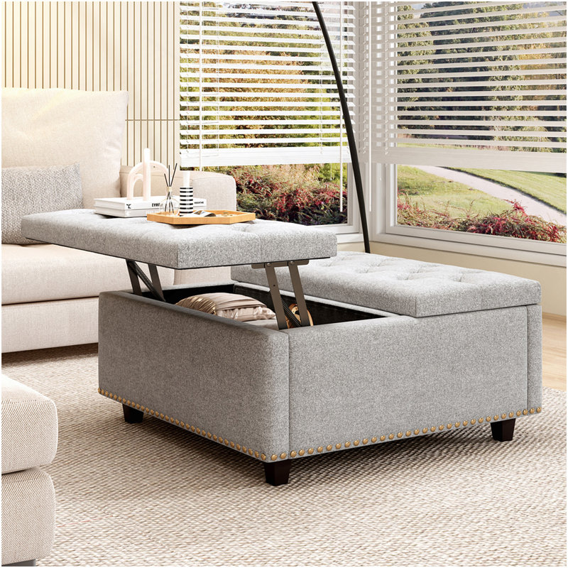 Grand banc de rangement carré, repose-pieds avec deux portes de rangement, table basse de style Mid-Century moderne, incrustation de têtes de clou, gris clair