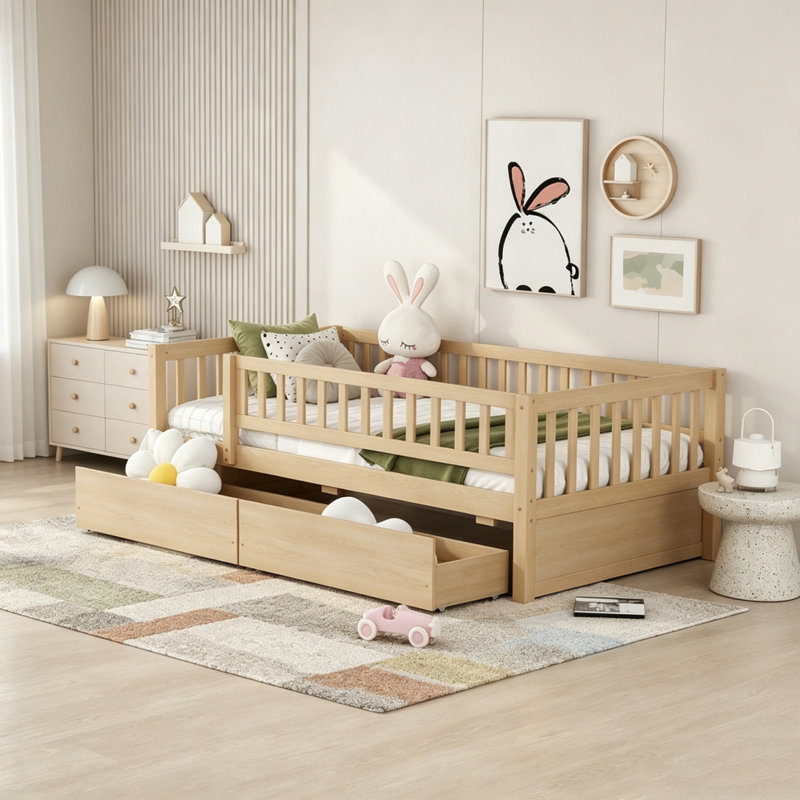 Lit de jour simple avec tiroirs de rangement spacieux et fabrication en bois massif, Lit simple, Naturel