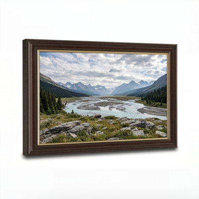 Art mural antique sur toile encadré doré pour le salon, la chambre à coucher, le bureau ou le vestibule - décoration murale décorative avec rivière de montagne