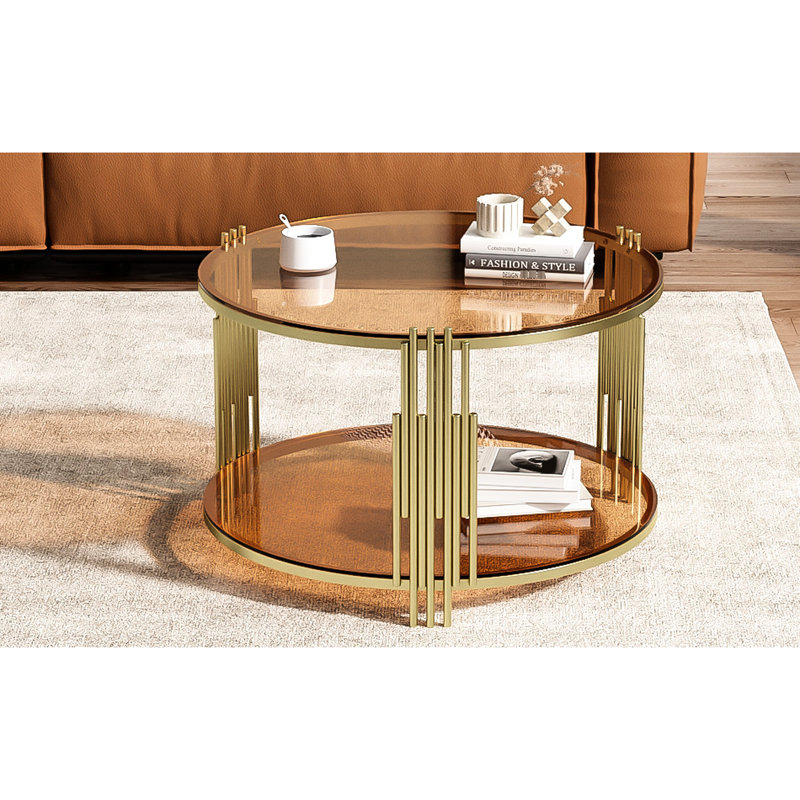 Table basse moderne moderne en métal et verre brun avec base dorée et tablette inférieure fonctionnelle