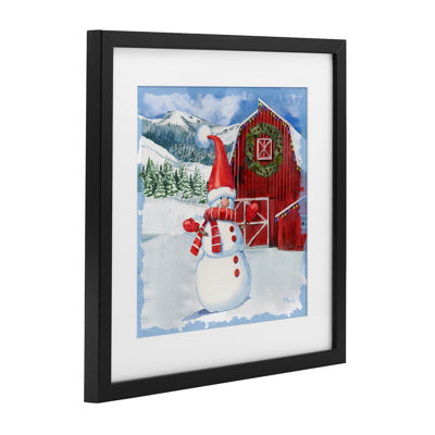Frosty Barn Snowman, reproduction encadrée sous verre, conception de Paul Brent