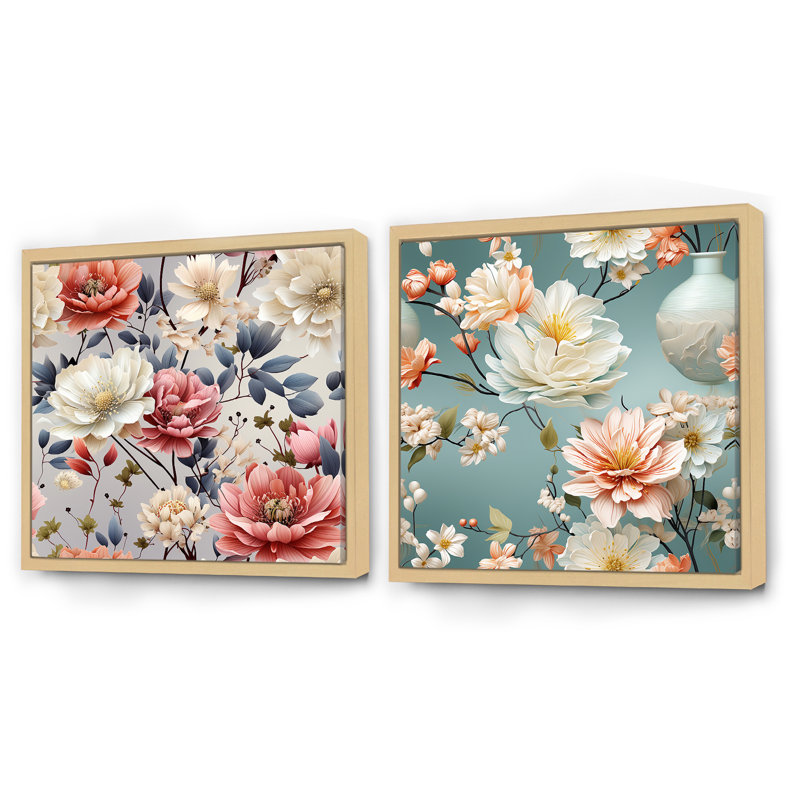 Crader - Ensemble de 2 collages carrés floraux, H 16 po x l 33 po, Cadre flottant brun
