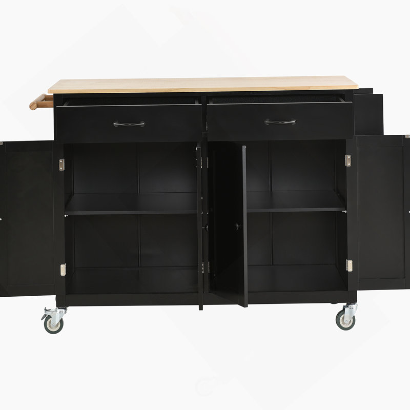 Chariot pour îlot de cuisine avec plateau en bois massif et roulettes verrouillables, armoire à 4 portes et tiroirs, Noir