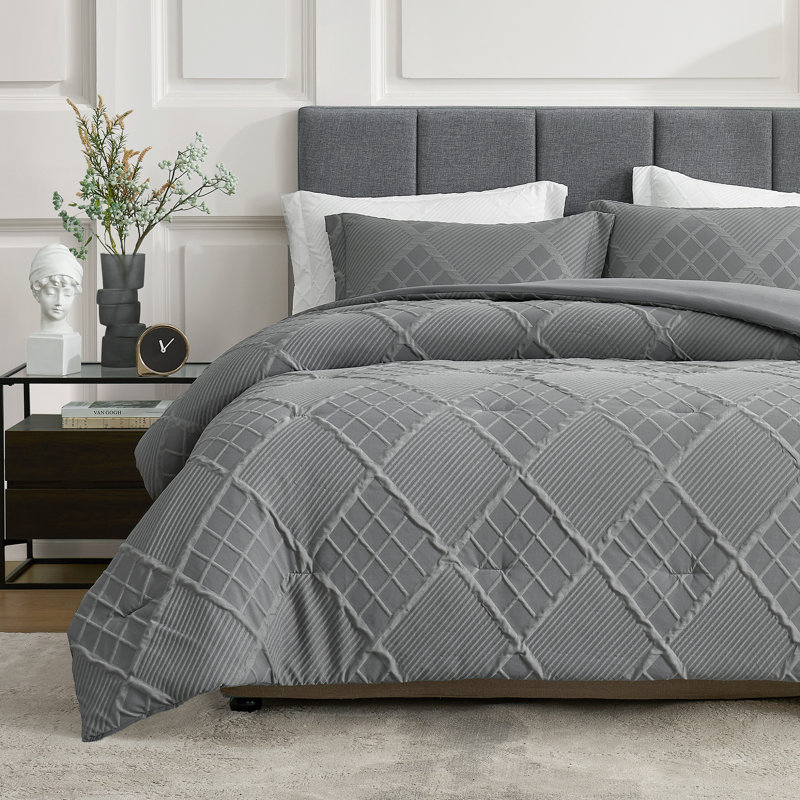 Luxeweave Jacquard Comforter Set For All Season, Gray, Queen Comforter + 2 Standard Pillowcases