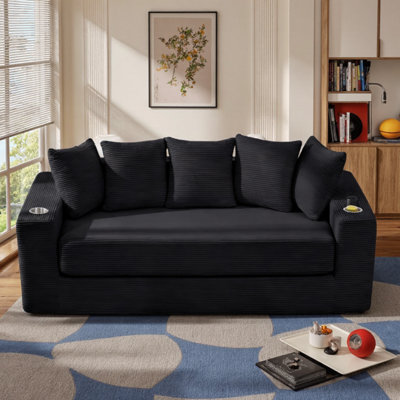 2-In-1 Convertible Sleeper Couch, Modern Sofa With Corduroy Upholstery, 5 Pillows, Side Pockets, And Cup Holders, No Assembly Required, Ideal For Apartments And Home Offices
