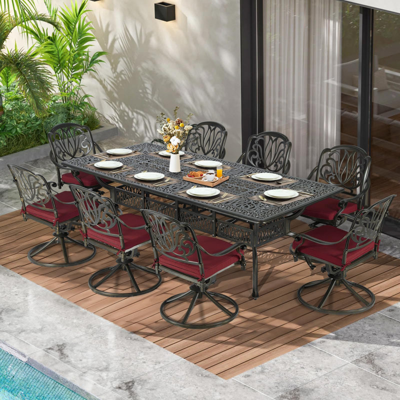 Bloomsbury Market 9-Piece Outdoor Patio Dining Set For 8, All Weather Cast Aluminum Patio Funiture Table And Chairs Set- 94.5" Rectangular Table And 8 Cushioned Swivel Rocker Chairs, Umbrella Hole
