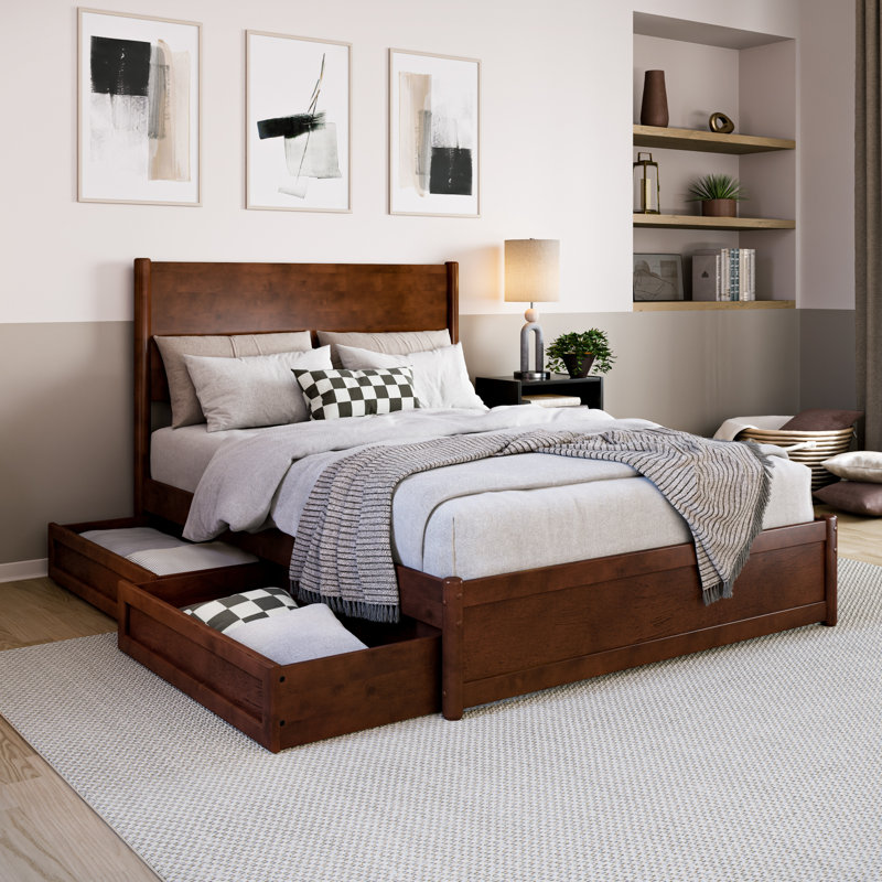 Lit plateforme en bois avec pied de lit et tiroirs de rangement Ronan, Noyer, Lit double