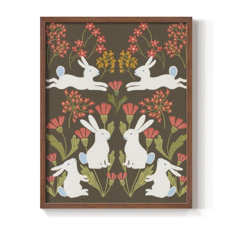 «Folk Flower and Rabbit II», reproduction encadrée - bois massif, Noyer, H 15 po x l 12 po