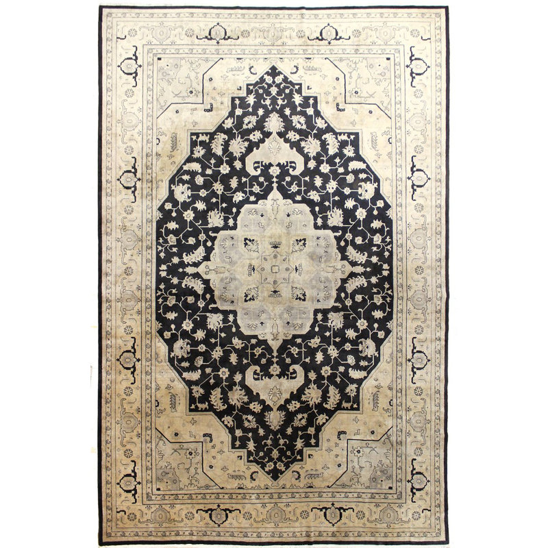 Tapis noir / beige noué à la main de conception unique 12 pi 11 po x 19 pi 4 po Rouman