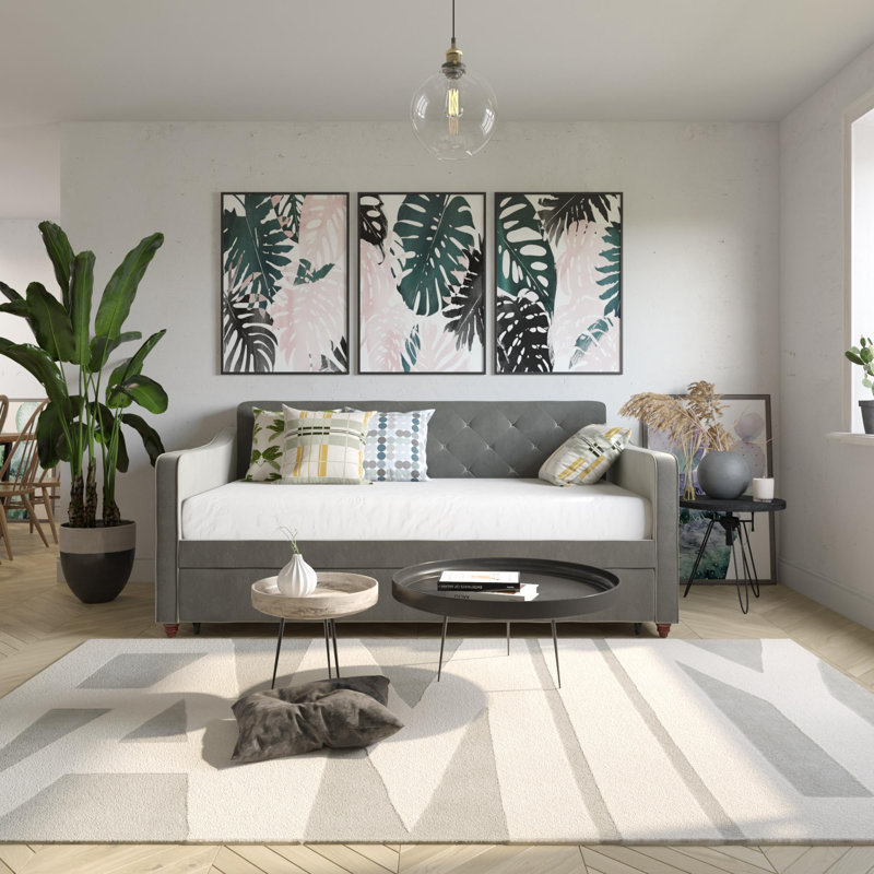Twin Gray Velvet Upholstered Daybed with Tufted Backrest