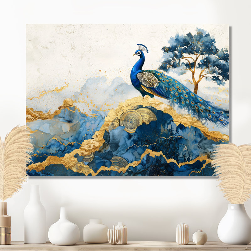 «Hardage Golden Aqua and Agate Peacock Landscape III», art mural paon, H 12 po x l 20 po, Toile tendue, Ne s’applique pas
