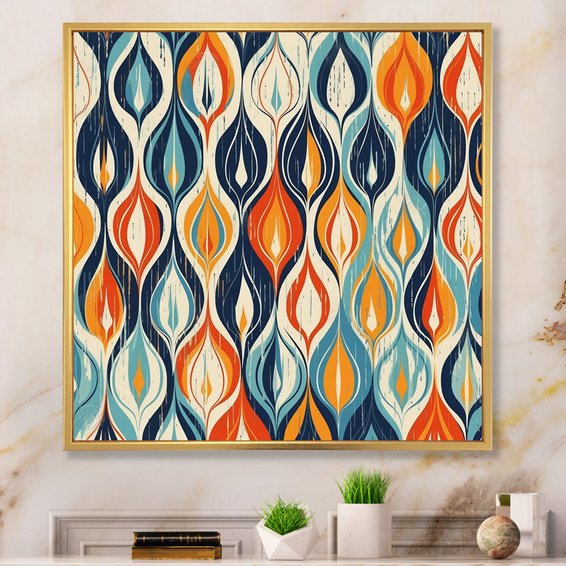 Symphonie botanique orange et bleue III sur toile, H 16 po x l 16 po x P 1 po, Cadre flottant doré