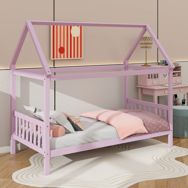 Lit simple pour enfant en forme de maison, Rose