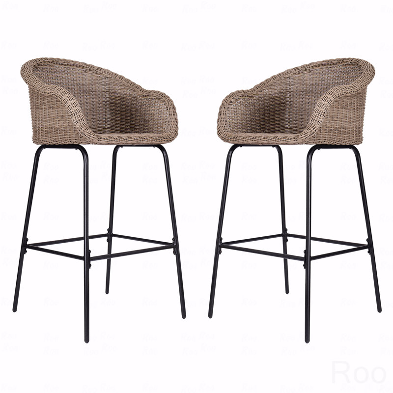 Set Of 2 Outdoor Patio Barstool, Metal PE Wicker Light Brown Faux, Light Brown