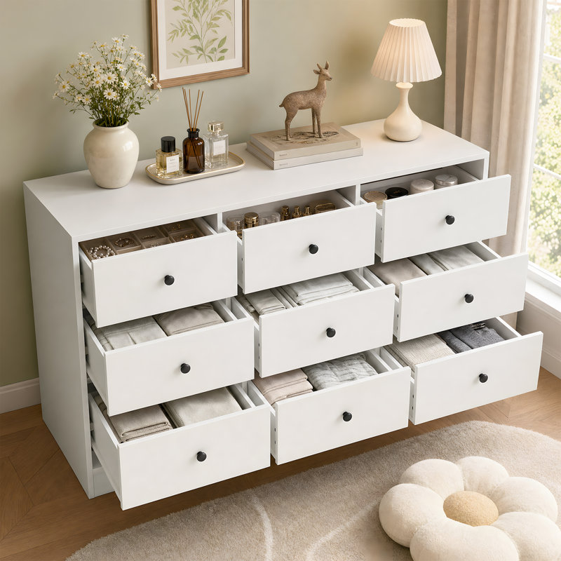 Commode large à 9 tiroirs, de style moderne, avec poignées rondes en métal, meuble de rangement fonctionnel pour la chambre à coucher, blanc.