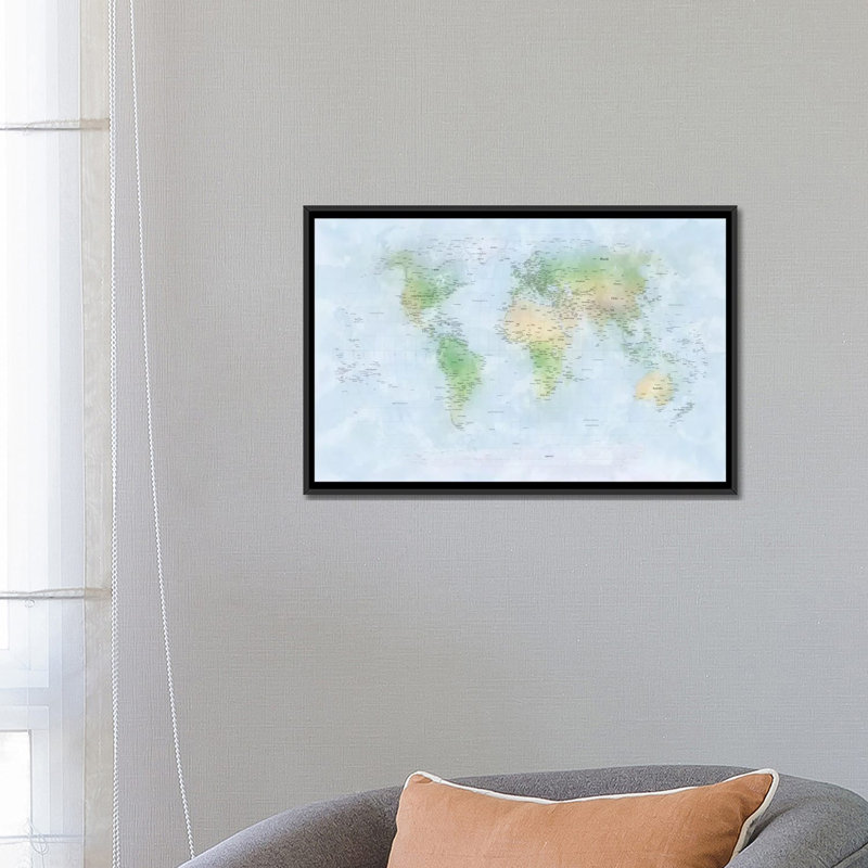 « world map iii », impression sur toile, H 18 po x l 26 po x P 1,5 po, Toile avec cadre noir, Pas de tapis