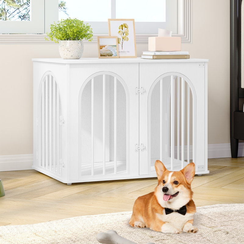 Dog Crate Furniture, 80 cm Wooden Dog Crate, Indoor Kennel for Small/Medium Dogs, End Side Table Animal Crates, Anti-Chew, Anti-Escape, Arched Door Design