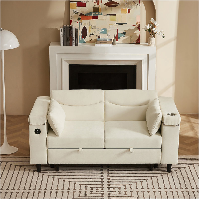 Canapé en chenille beige avec table d'appoint et port USB