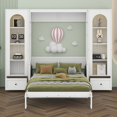 Grand lit escamotable avec bureau, lit escamotable avec armoires latérales de rangement, tiroirs et éclairage DEL, cadre de lit escamotable avec tablettes