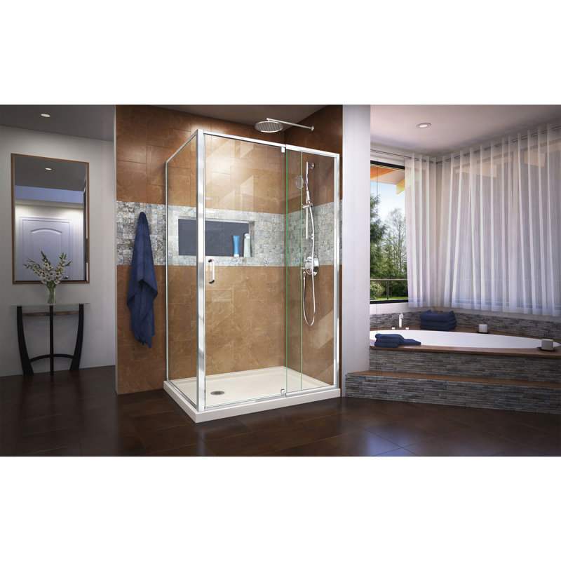 Flex 48" x 74.75" Rectangle Pivot Shower Enclosure with Base Included, Chrome/Biscuit, Left