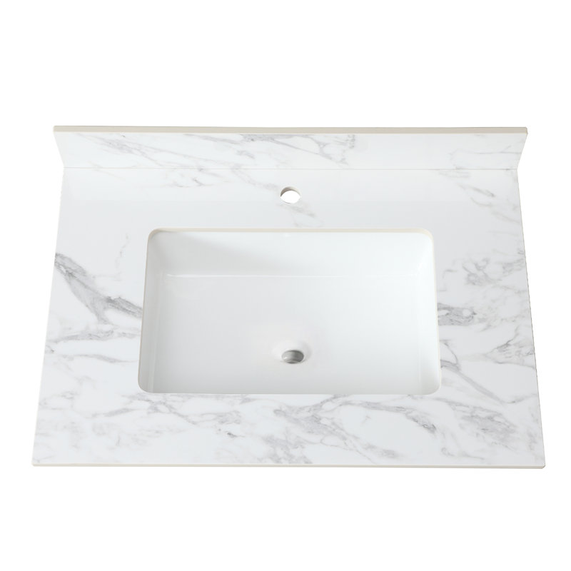 Comptoir de meuble-lavabo pour salle de bain - blanc pierre fritté, lavabo rectangulaire encastré en céramique et attrayant, 3 trous de robinet, armoire convenable, facile à installer, avec dosseret blanc