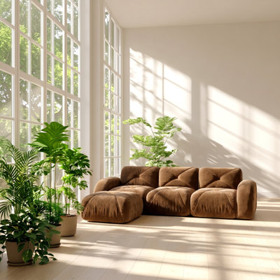 Loaf 102" W x 43" D x 33" H Tufted Velvet Modular L-Shaped Sectional Sofa with Movable Ottoman
