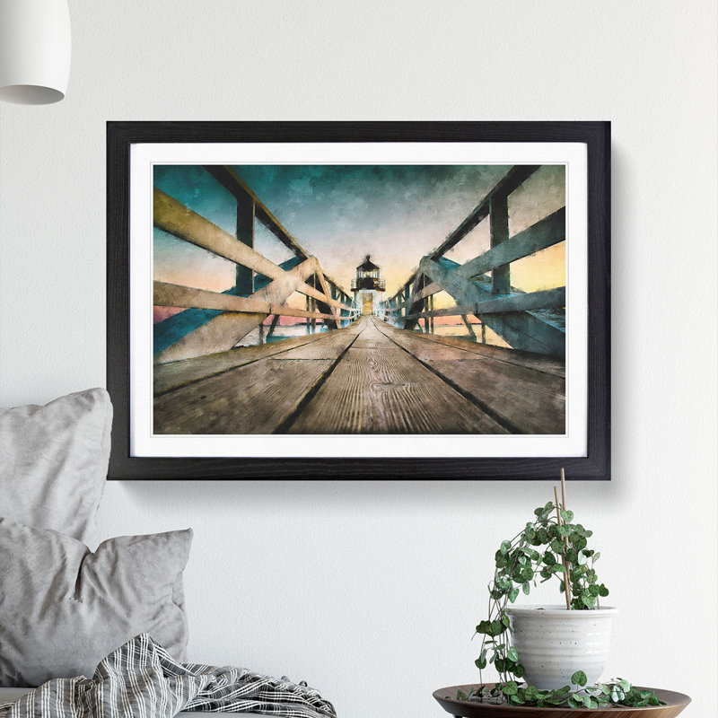 Lighthouse at the Piers End - Picture Frame Graphic Art Print, 62cm H x 87cm W x 2cm D, Black Framed