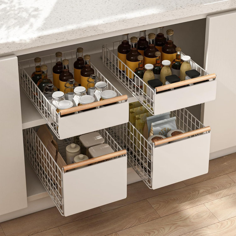 Black 2 Pack Pull Out Cabinet Organiser, Deeper Slide out Drawers Metal Kitchen Pullout Drawers 40 x 24 x 20 cm