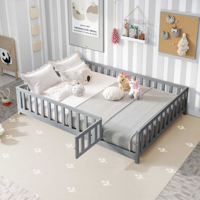 Floor Platform Bed With Fence And Door For Kids Montessori Floor Bed Frame With Support Slats For Toddlers Wooden Floor Bed