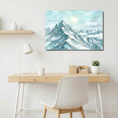 Toile murale représentant une chaîne de montagnes enneigées bleues avec des lignes dorées et un soleil rayonnant