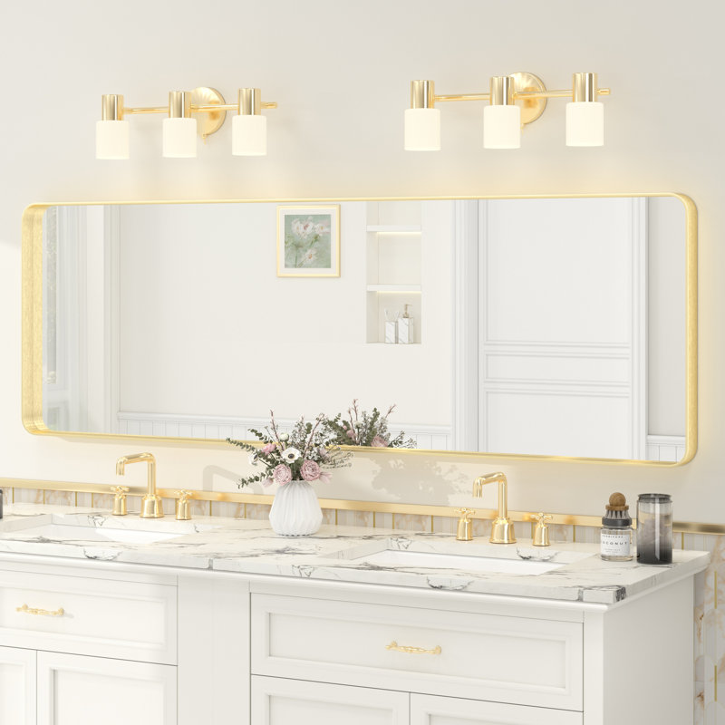 Miroir de salle de bain mural en verre trempé et métal Molly, 40 po x 32 po, Doré, Rectangle(Right Angle)
